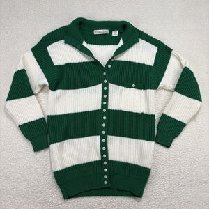 Vintage Joan Harper Knit Cardigan Sweater Womens M Button Green Striped Jumper